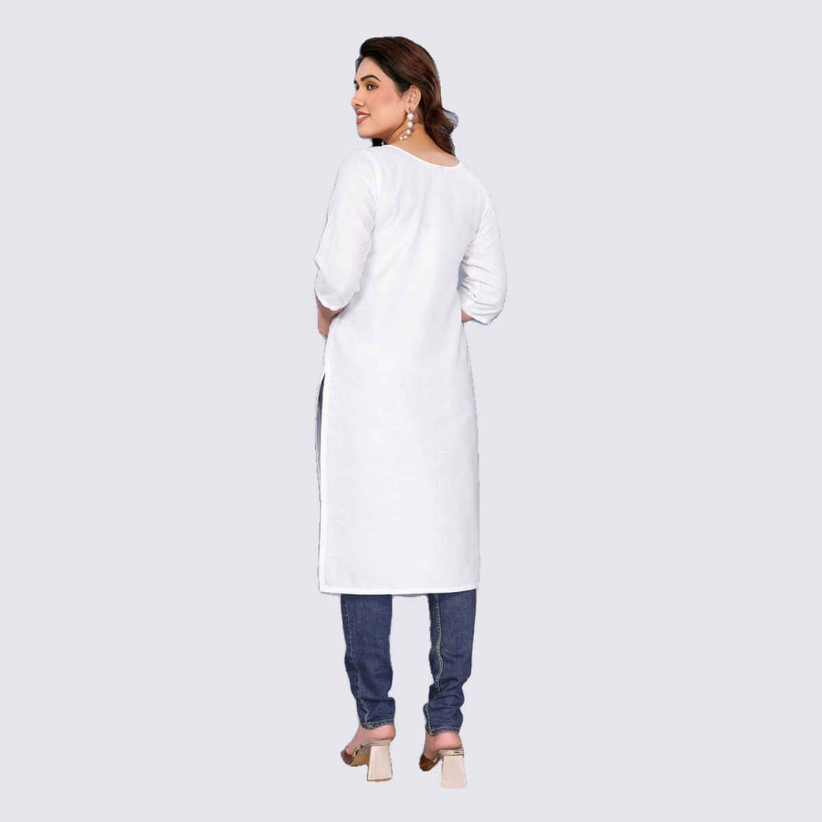 Riglozi White 3/4 Sleeves Cotton Made White Long Round Neck Regular wear Kurti for Women | XXL