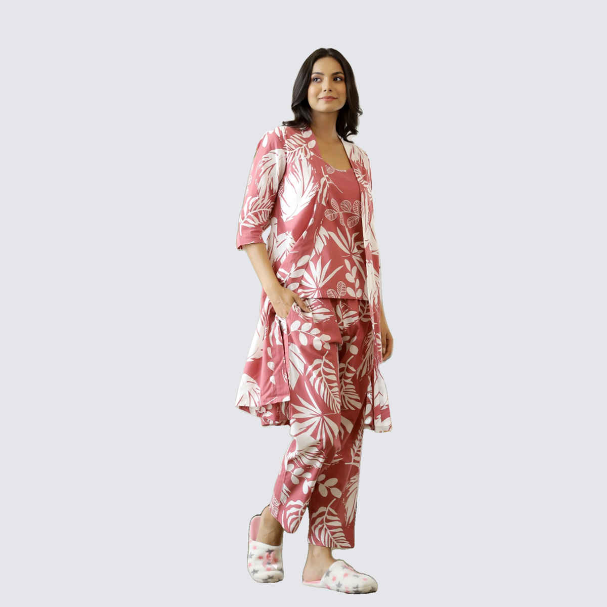 Sanskrutihomes Women's Printed Pure Cotton Night Suit | Pink - M