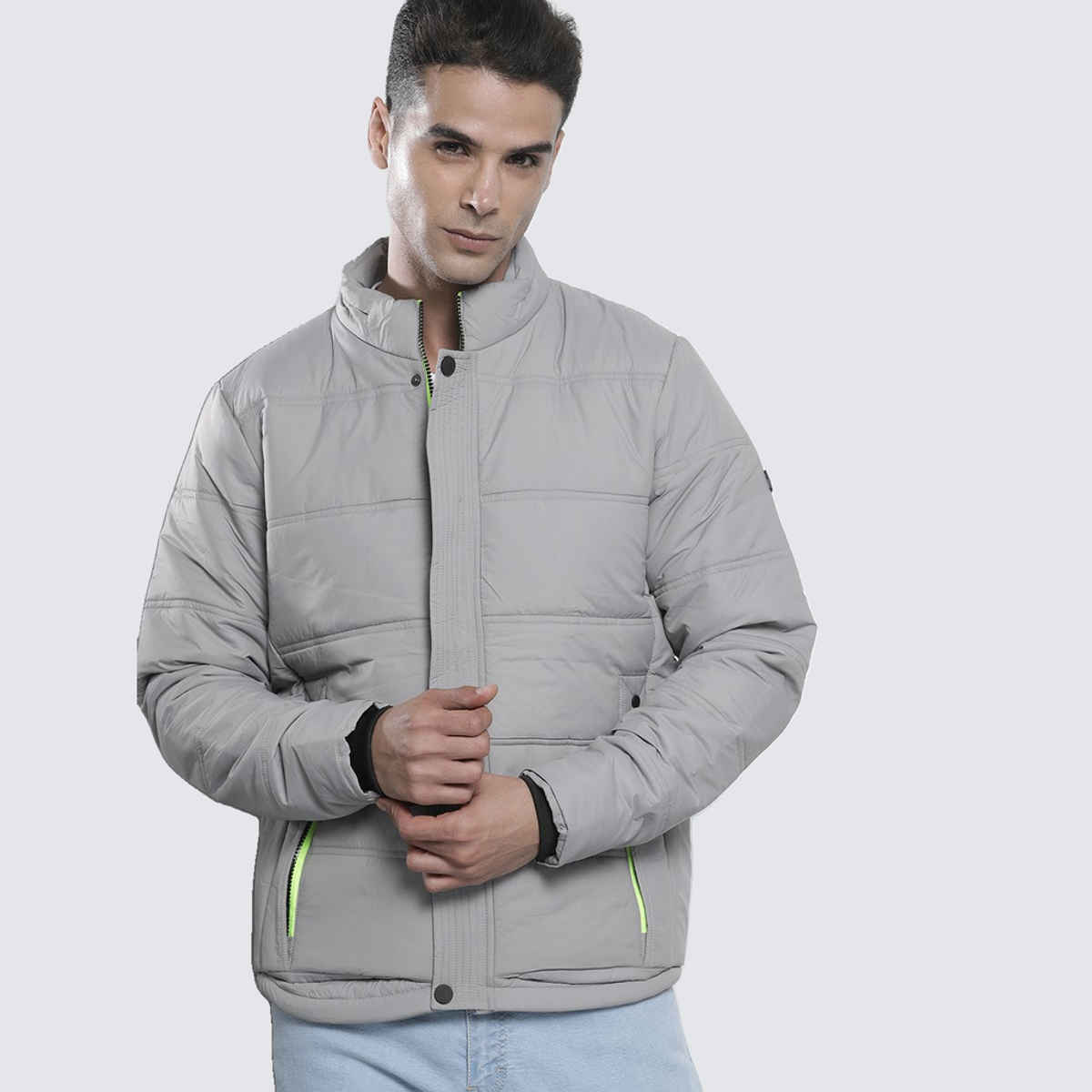 The Indian Garage Co Men's Slim Solid Jacket | Silver - M