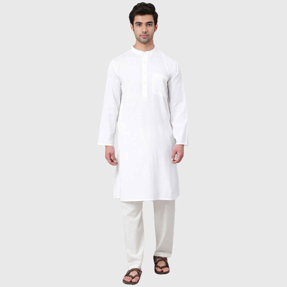 Fabindia Men's Long Kurta Dobby | White - XS