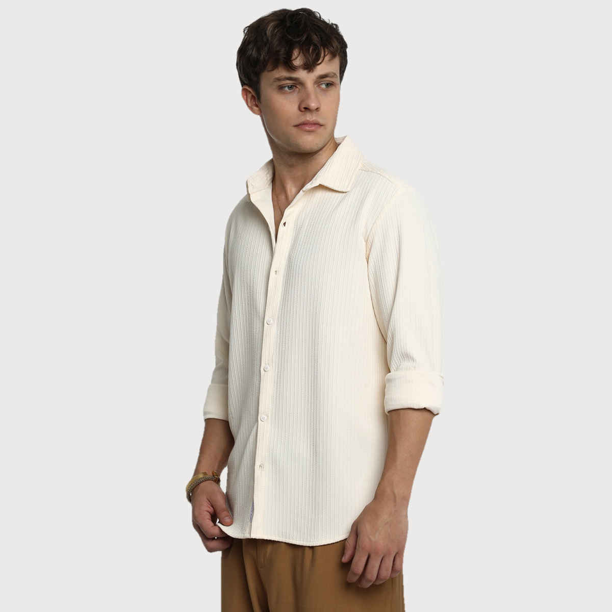 Campus Sutra Men's Stripe-Creased Shirt | Yellow - L