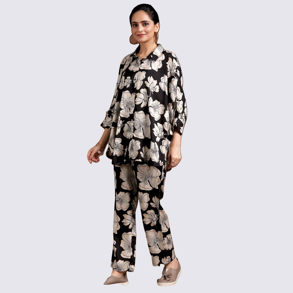 Libas Women's Printed Silk Blend Co-Ords Set | Black - M