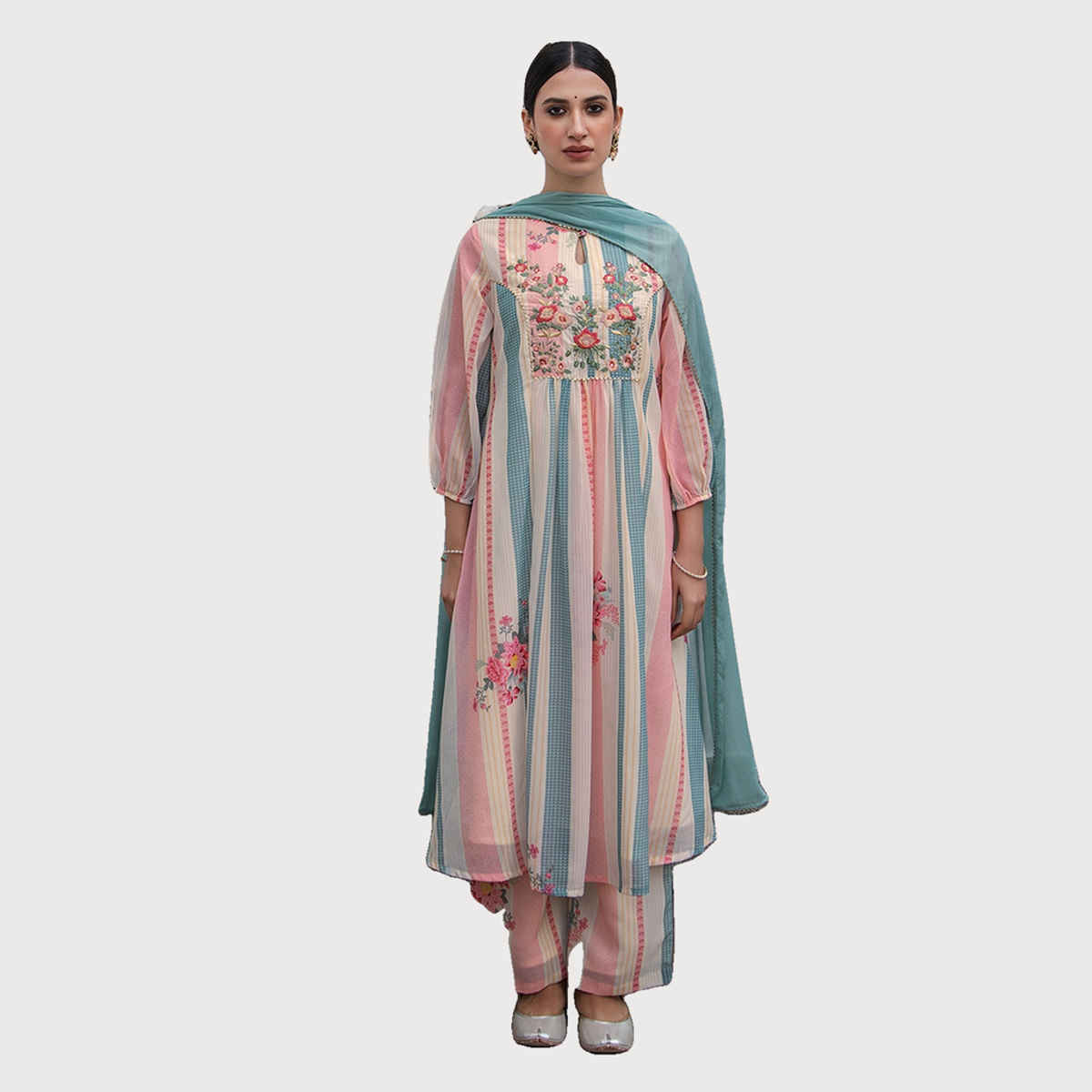 Janasya Women's Cream Georgette Floral Printed Embroidered A-Line Kurta Set | L