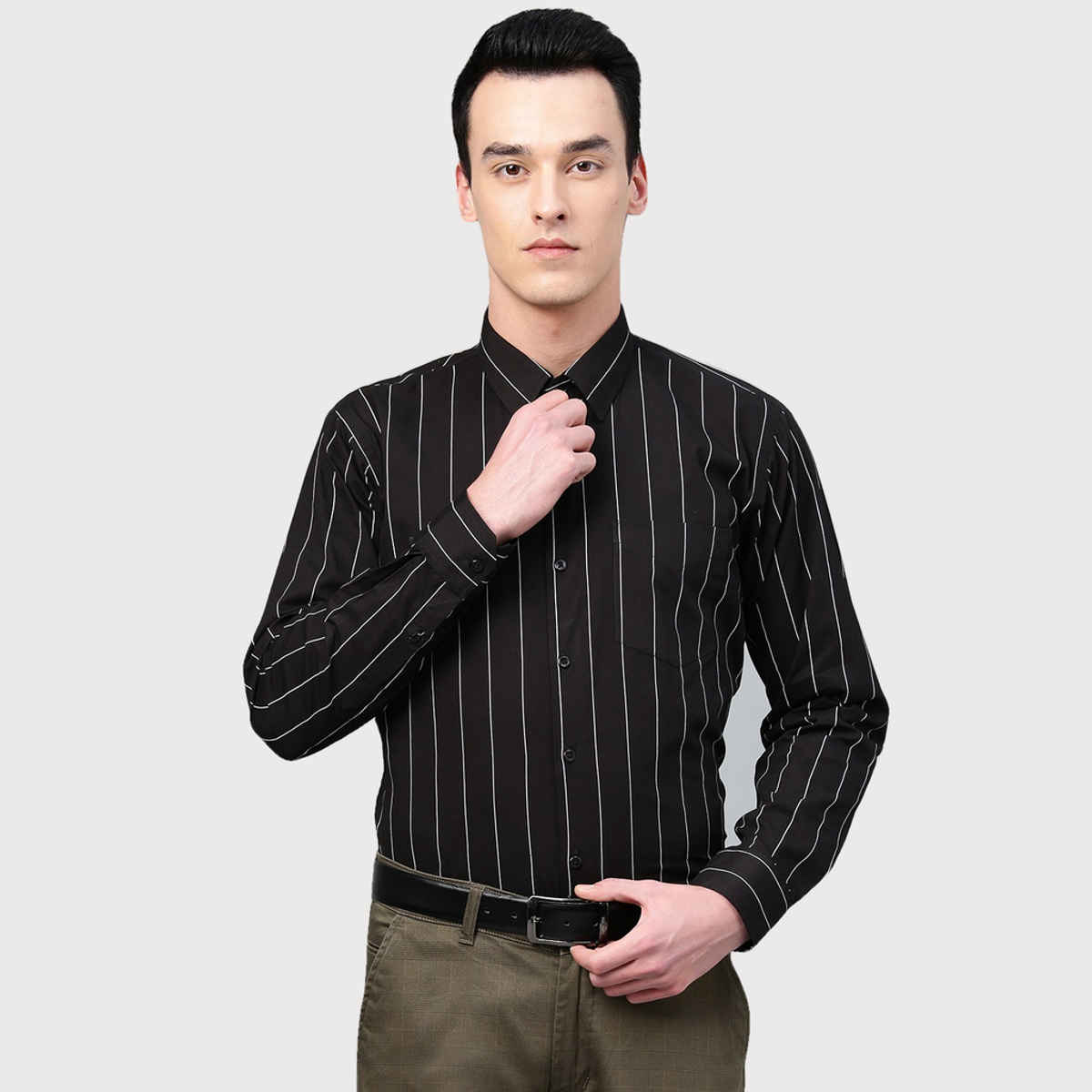 Hancock Men Black Striped Pure Cotton Slim Fit Formal Shirt-44