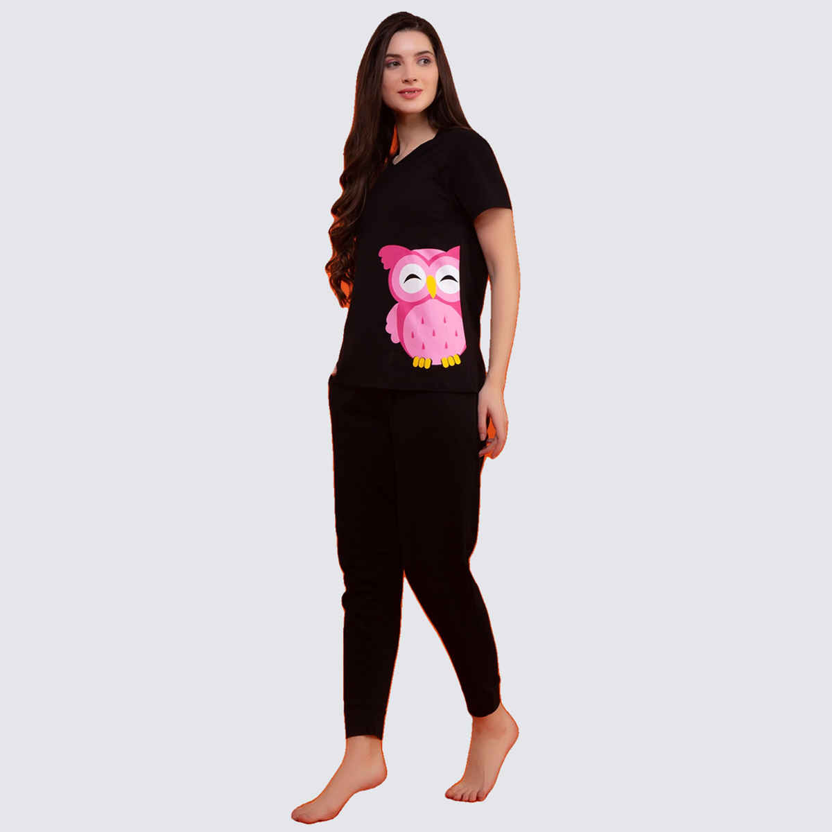 Clovia Owl Print Top & Pyjama - 100% Cotton(Black - L)