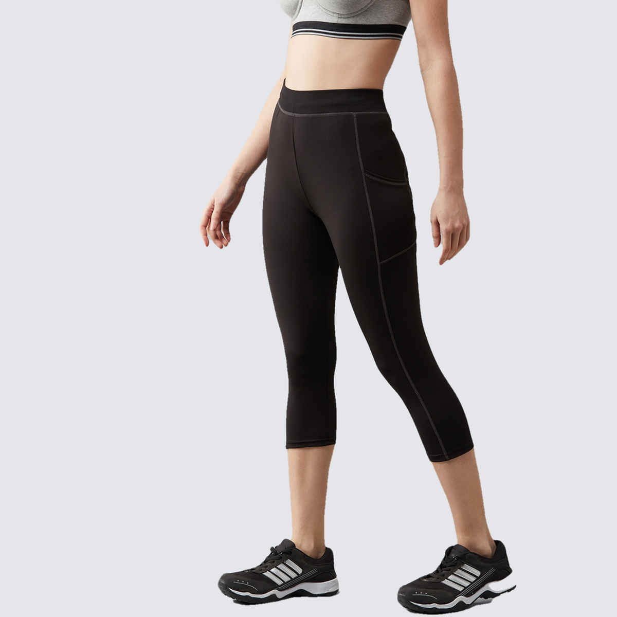 Blinkin Women's 3/4 Gym Tights - Black | Grey | With Side Pockets | Perfect For Yoga | L