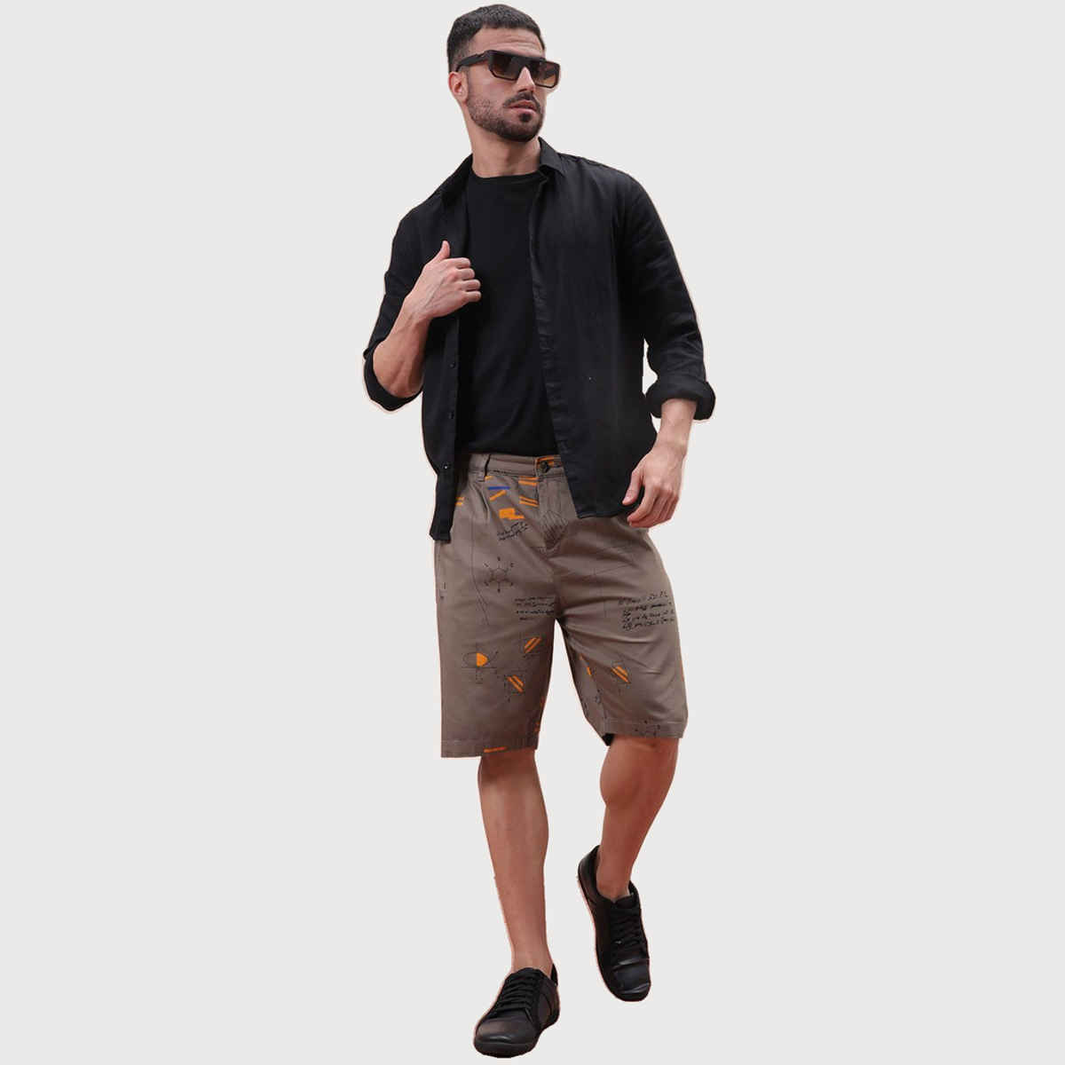 The Indian Garage Co Men s | Relaxed Fit Face Print Casual Pleated Shorts | Vetiver | 30