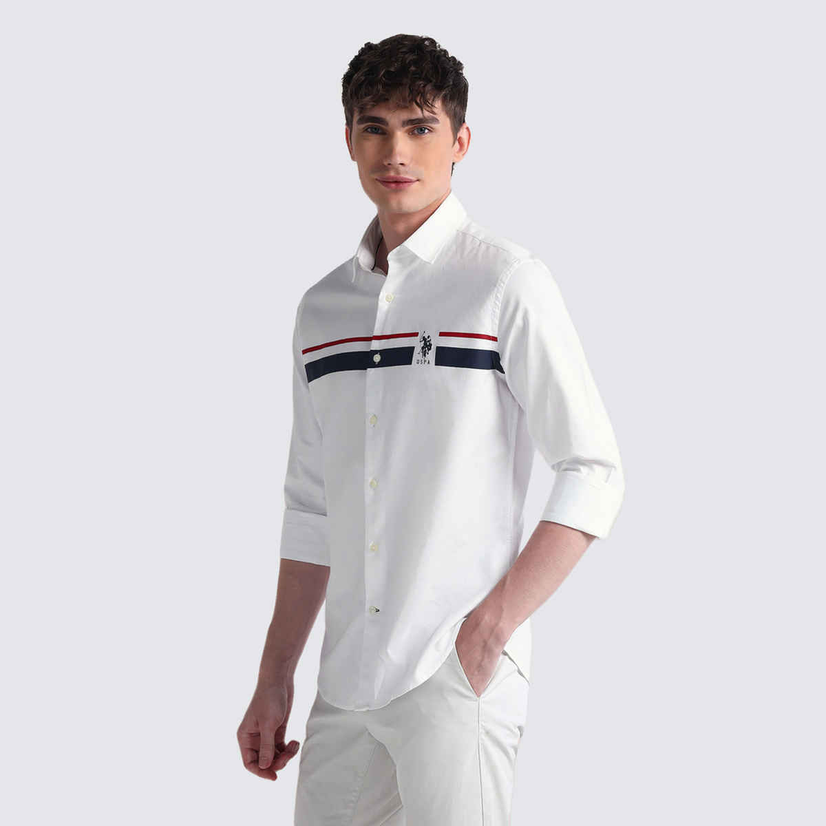 U.S. Polo Assn. Men's Semi-Cutaway Collar Long Sleeve Shirt | White - M