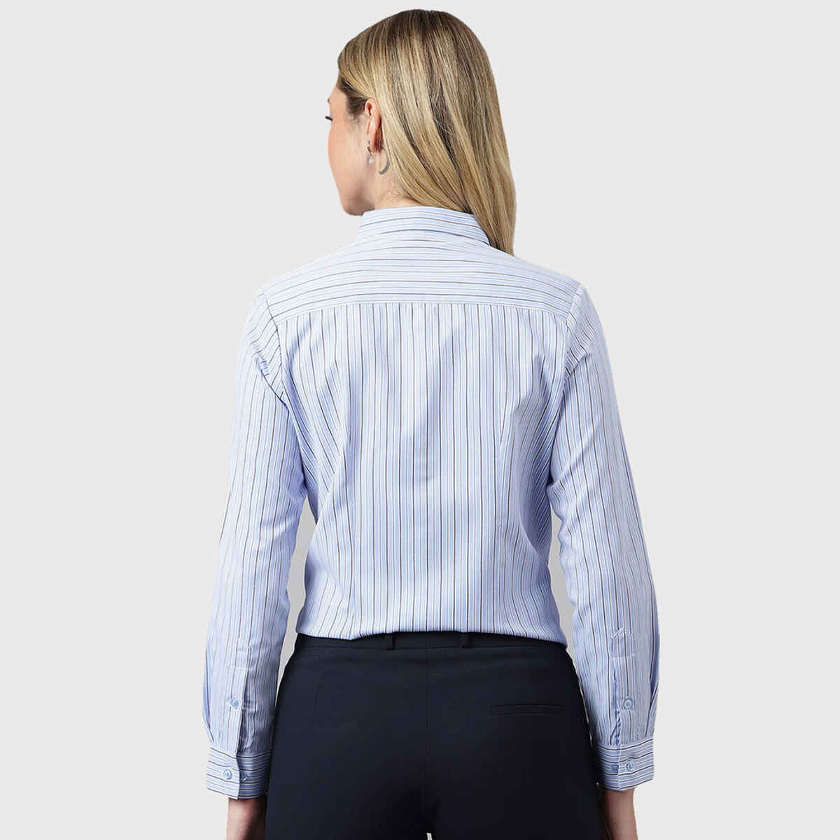 English Navy Women's Striped Regular Fit Cotton Blend Formal Shirt | Blue & White - M