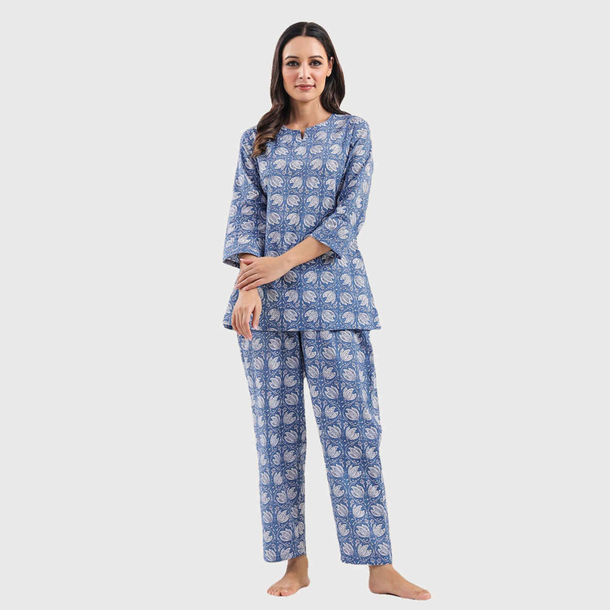 Sanskrutihomes Printed Pure Cotton Night Suit | Blue - S