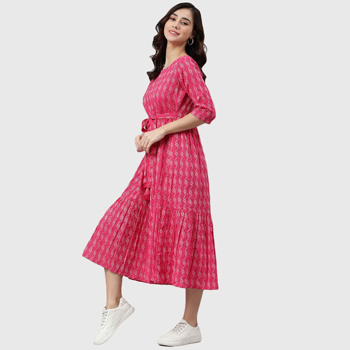 Janasya Women's Pink Pure Cotton Woven Design Tiered Dress - S
