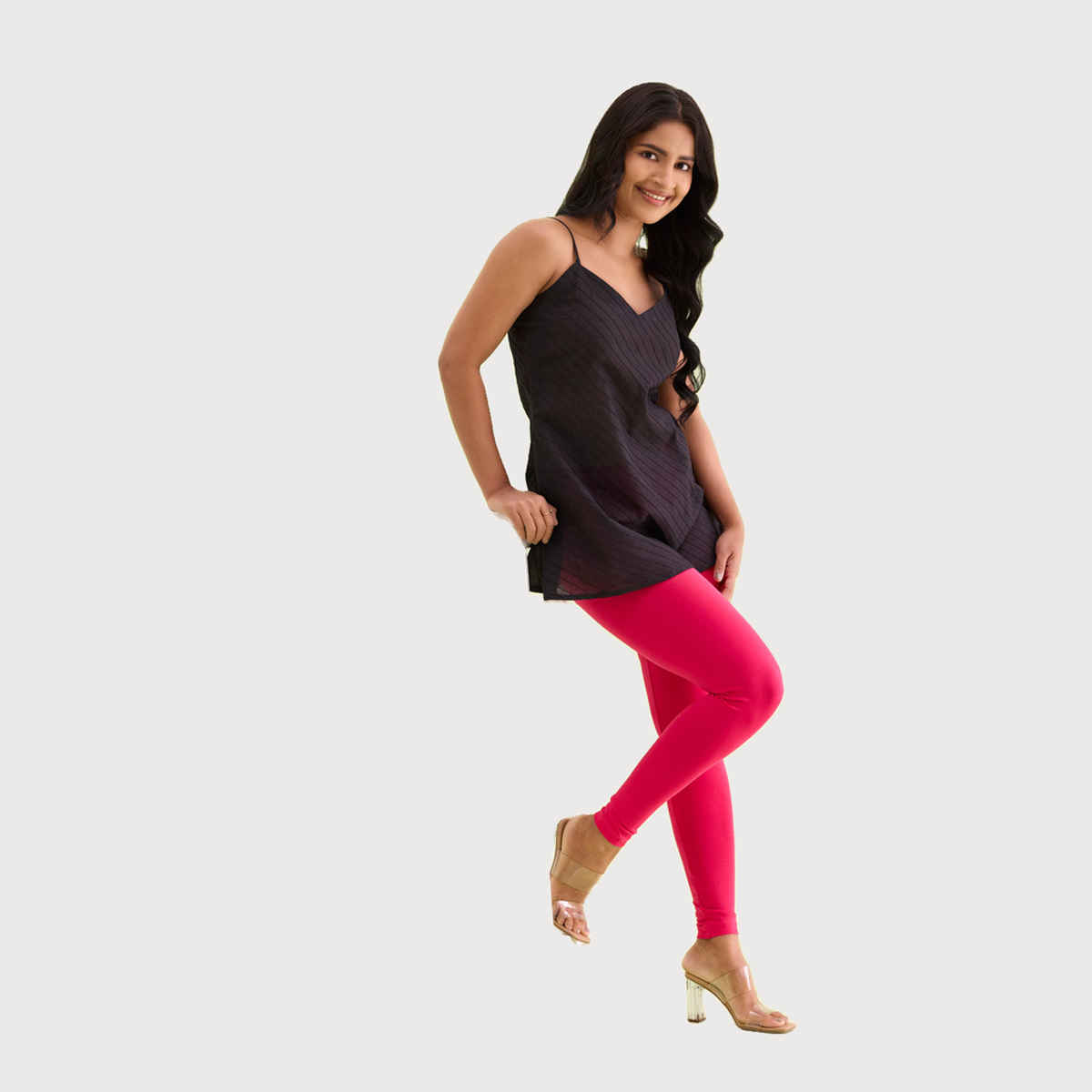 Go Colors Women's Solid Mid Rise Ankle Length Leggings | Young Fuchsia - L