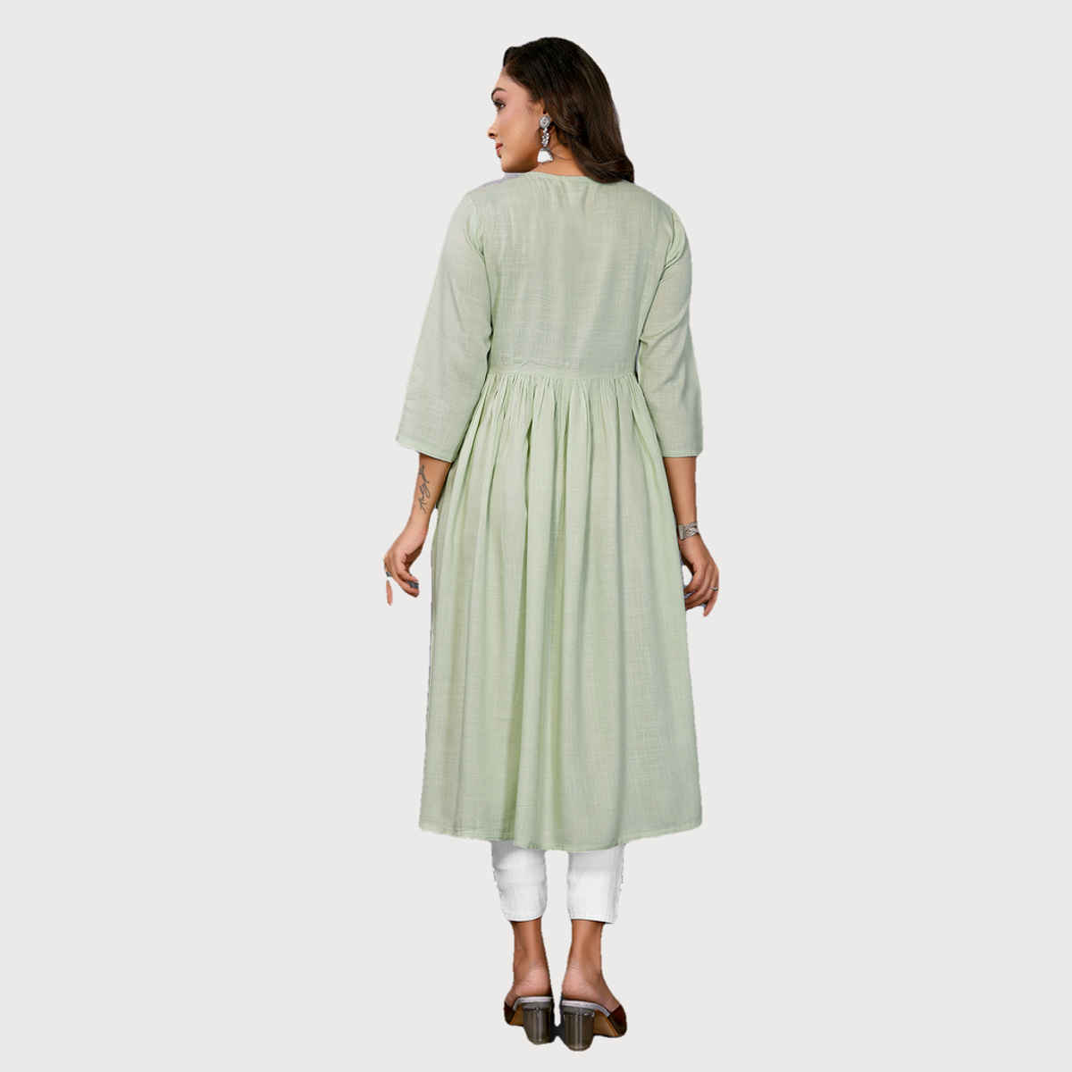 Rangita Women's Rayon Embroidered Flared Calf Length Kurta | Light Green - XL