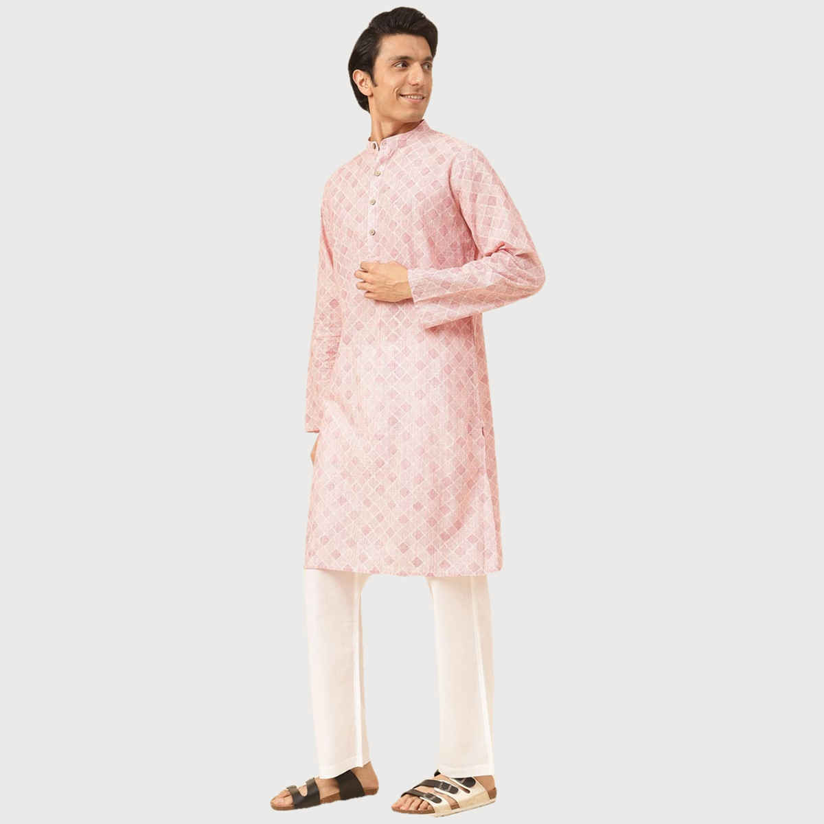 Fabindia Men's Long Kurta Hand Block Printed | Pink - L