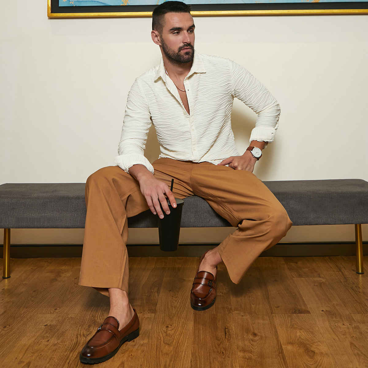 Campus Sutra Men's Self-Design Wave Shirt | White - S