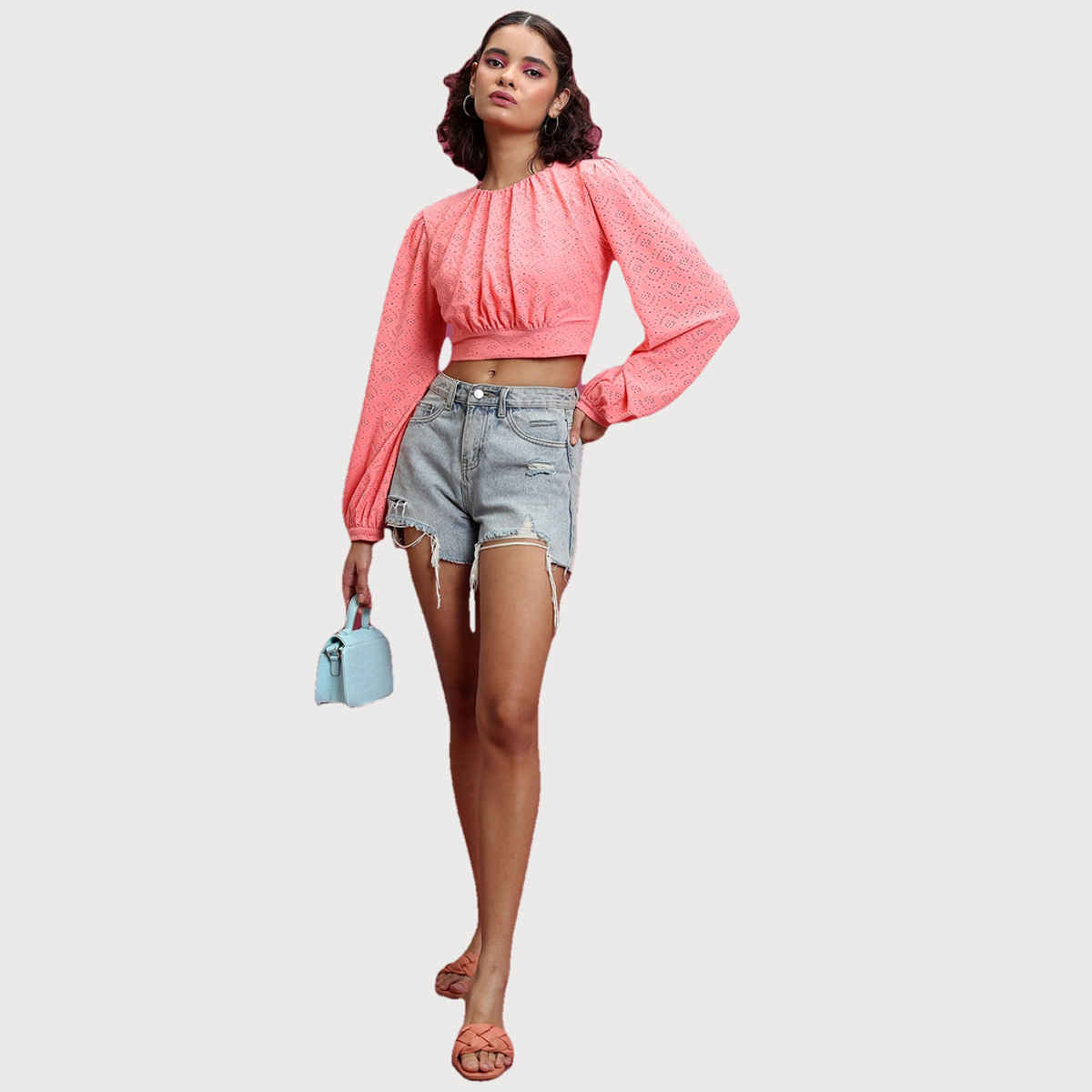 Ketch Women's Self Design Round Neck Bishop Sleeves Blouson Crop Top | Pink - XL