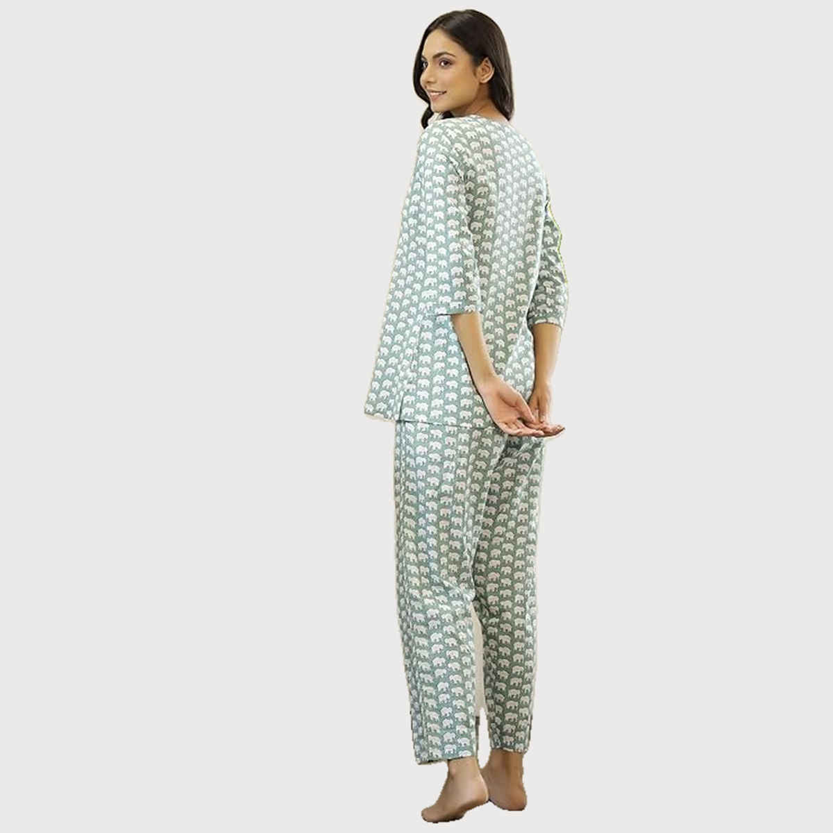 Sanskrutihomes Women's Printed Pure Cotton Night Suit | Green - M