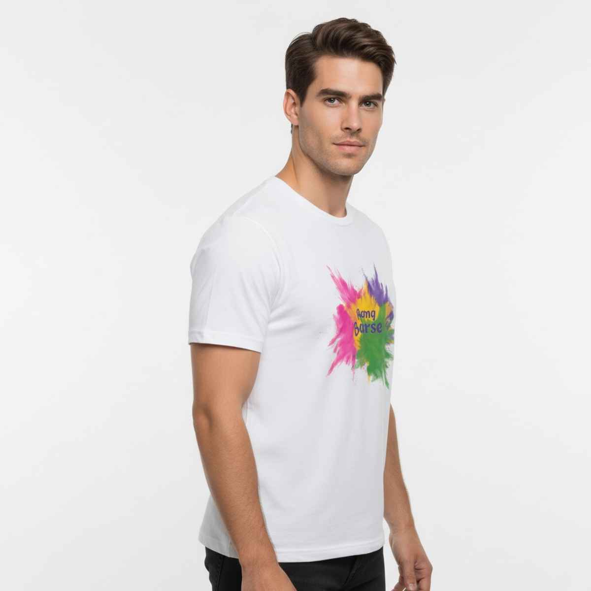 Springman Unisex Cotton Rich Half Sleeve Round Neck T-Shirt | White Rang Barse Printed | L