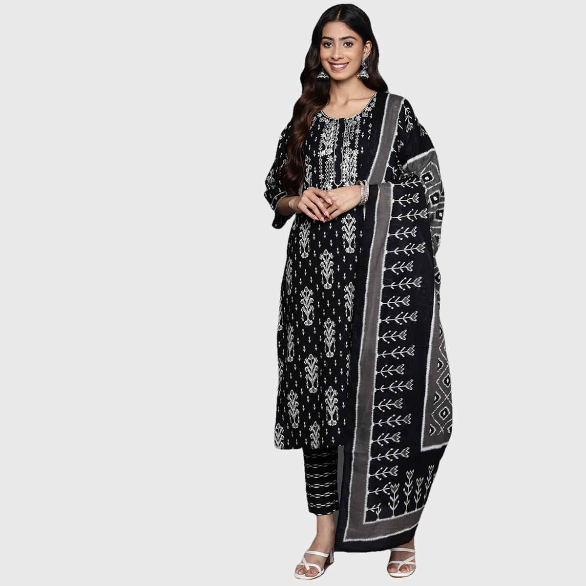 Libas Women Black Mirror Work Detail Straight Kurta With Black Trousers & Dupatta - 34164S