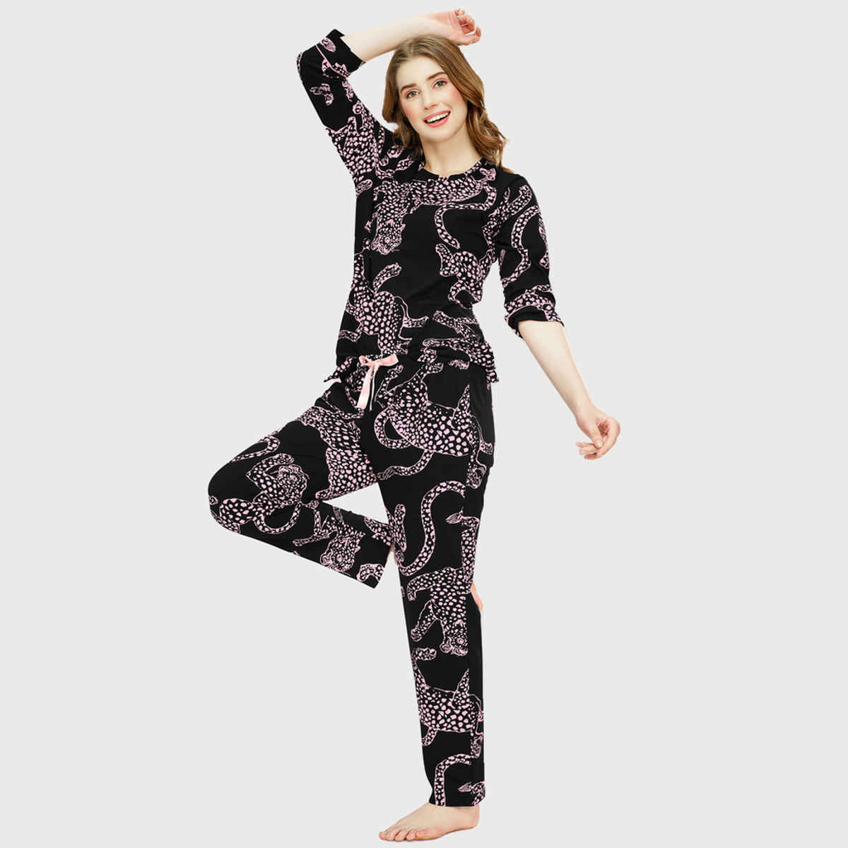 Zeyo Night Suit for Women Black Leopard Printed Cotton Night Dress of Top & Pajama Set 5787-BK- XXL