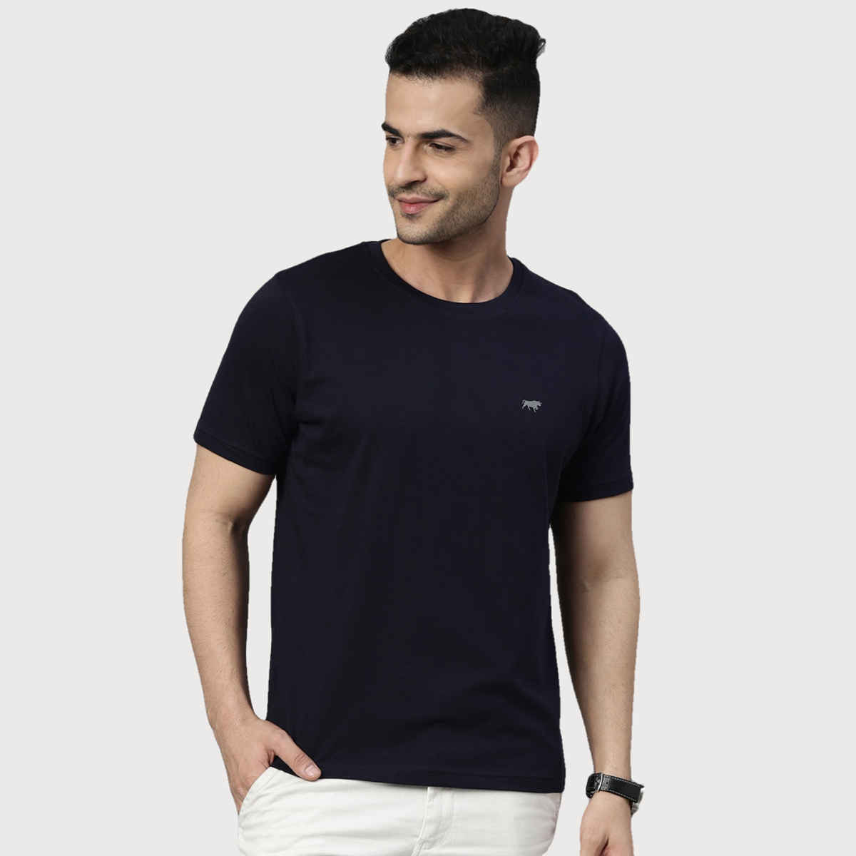 Bushirt Men's Solid Half Sleeves T-shirt | Navy Blue - XL