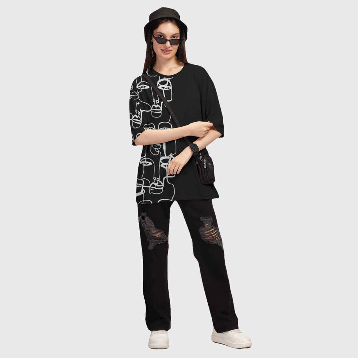 Hellcat Women's Trendy Printed Oversized T-shirt | Black - L