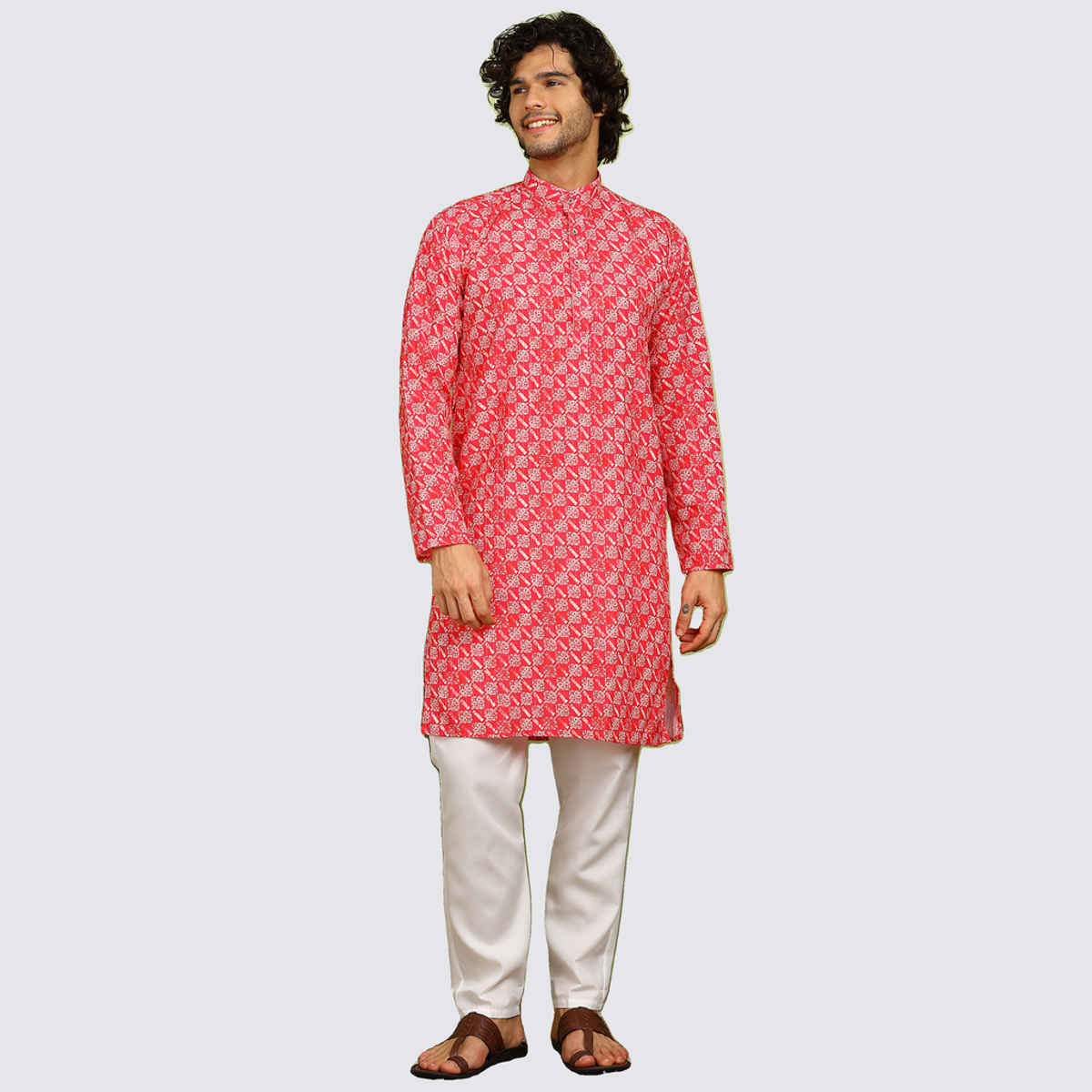 Allan Peter Men's Printed Long Kurta | Coral - M