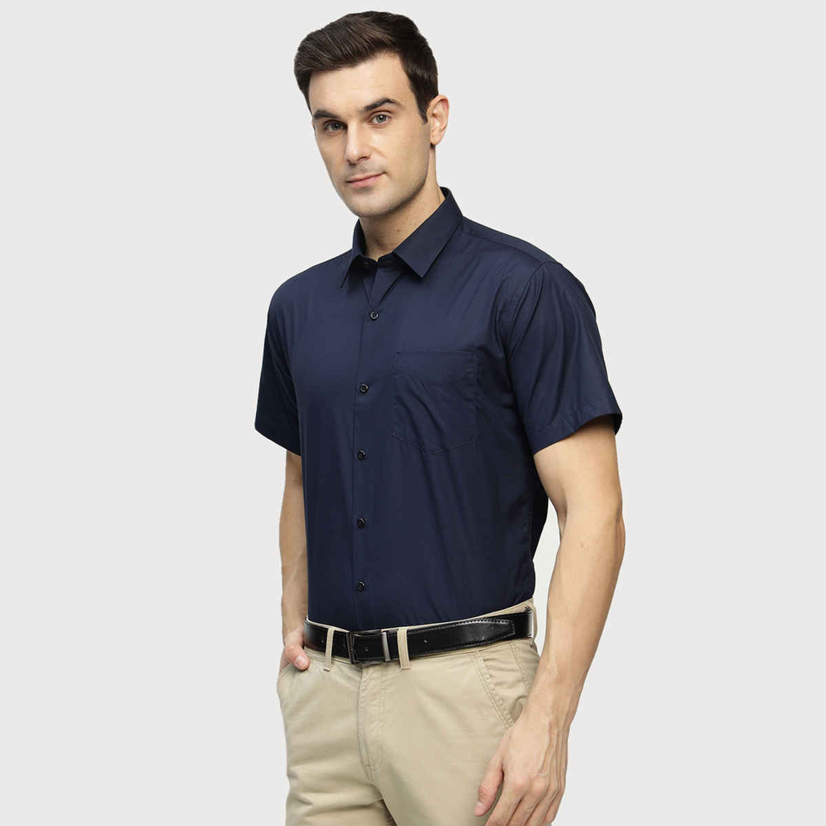 Hancock Men Pure Cotton Solid Formal Shirt | Slim Fit | Spread Collar | Navy Blue | M