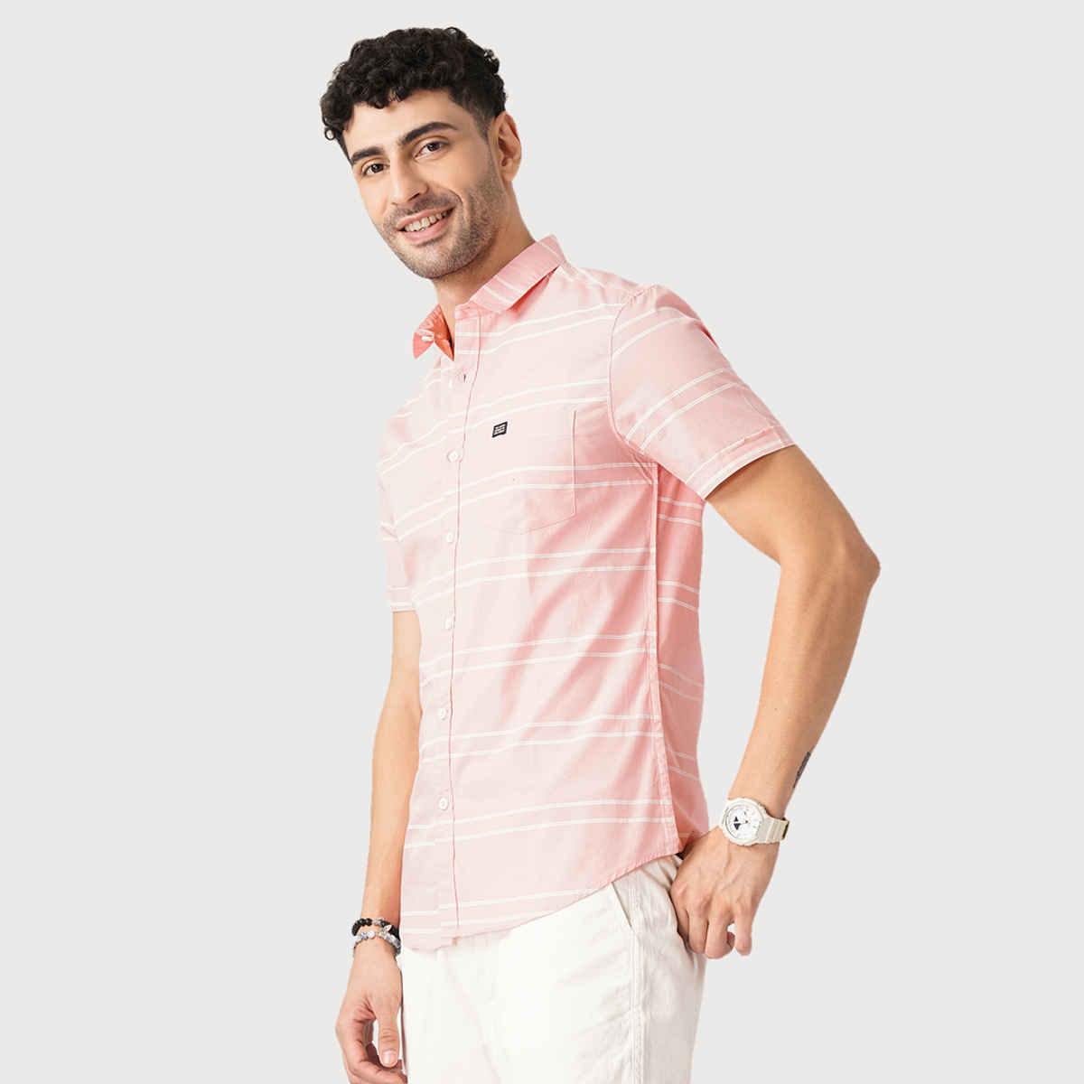 The Indian Garage Co Men's Slim Fit Striped Casual Shirt | Pink - S