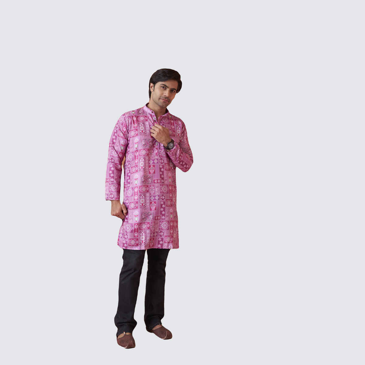 House Of Festivals Men's Printed Cotton Blend Long Kurta | Purple - S