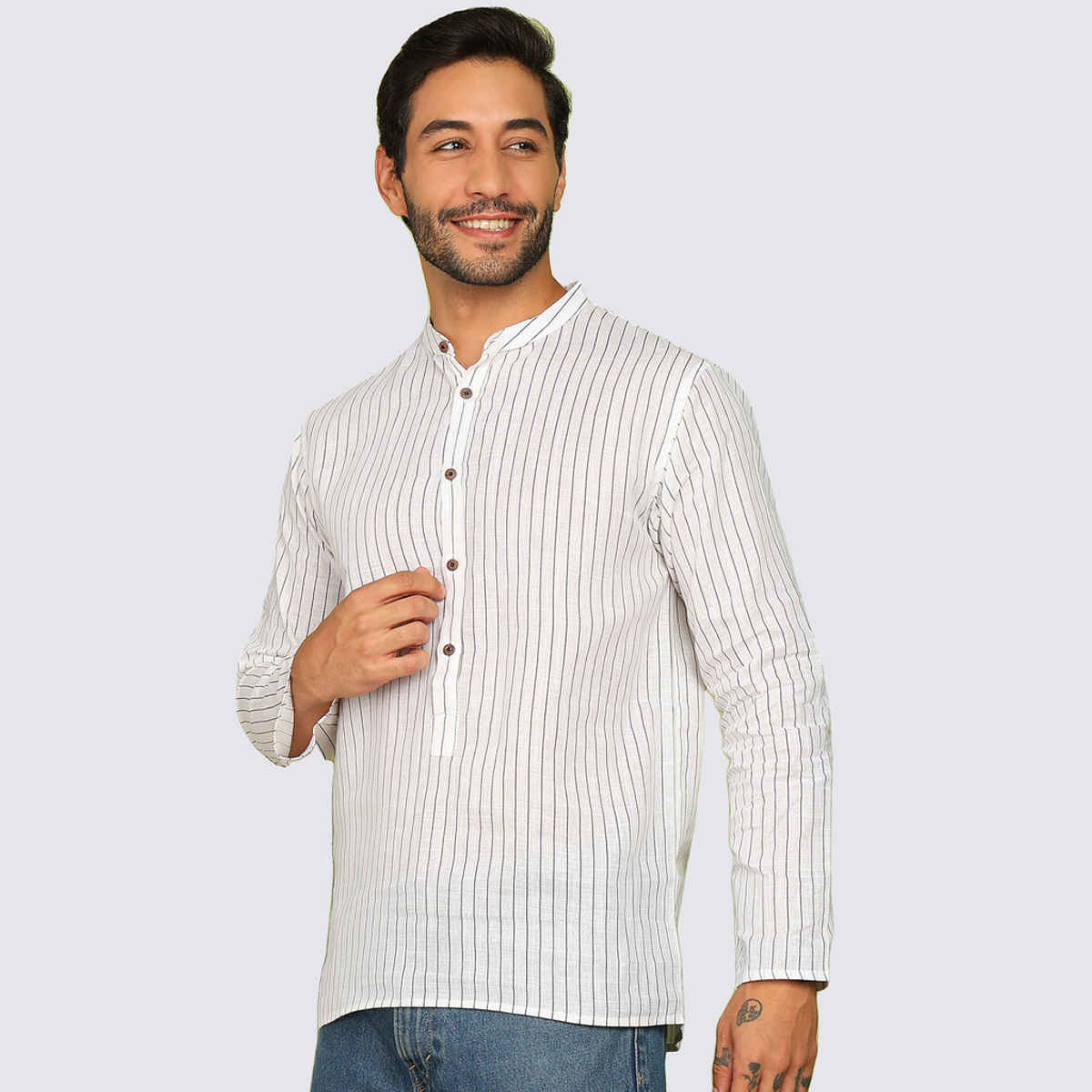 Allan Peter Men's Printed Short Kurta | White - M