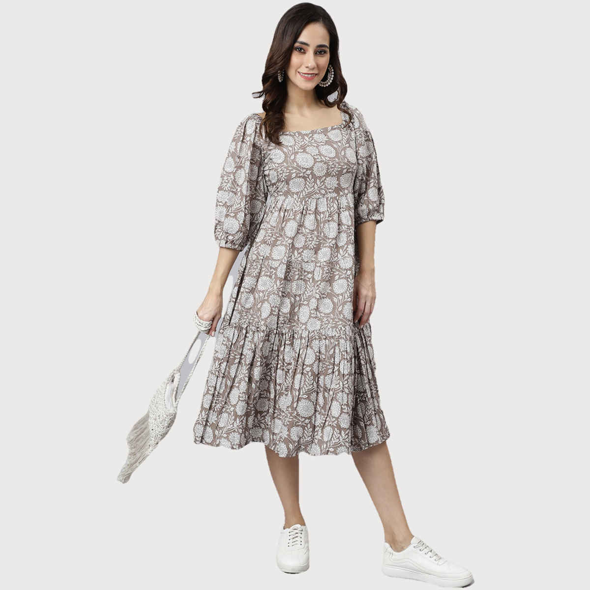 Janasya Women's Grey Pure Cotton Floral Printed Flared Dress - S