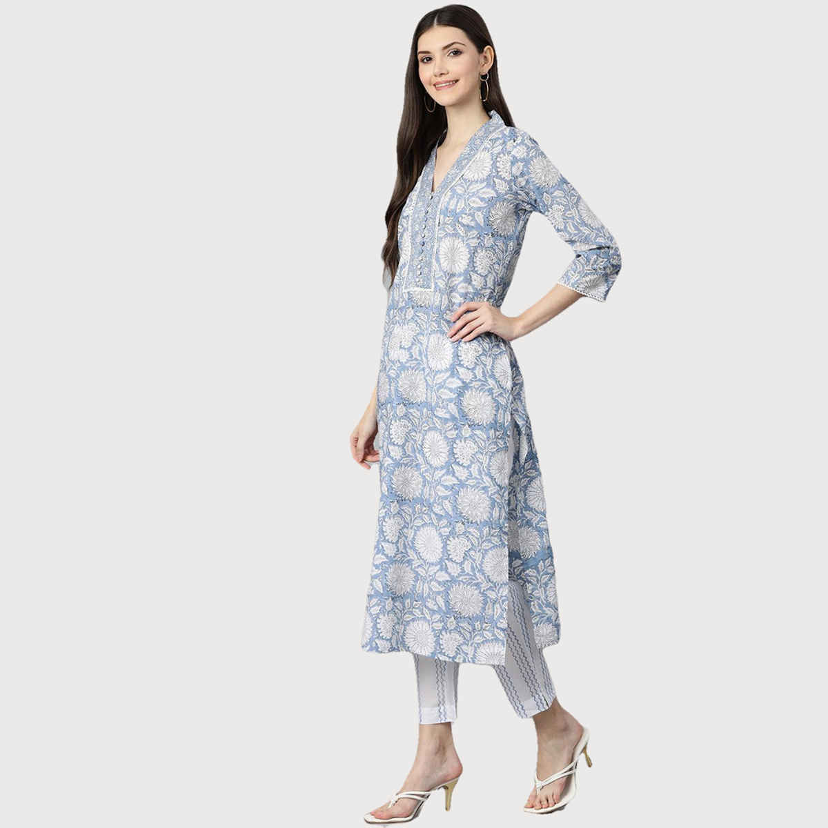 Divena Women s Sky blue Hand Block Printed Straight kurta Pant Set with Dupatta | DK0755 | M