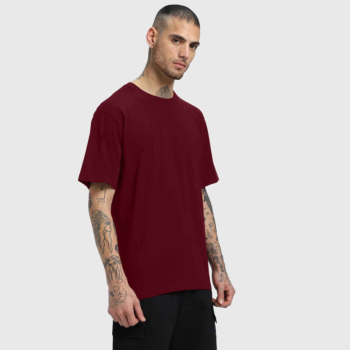 Veirdo Pure Cotton Oversized Fit Round Neck Maroon T-Shirt For Men - XL