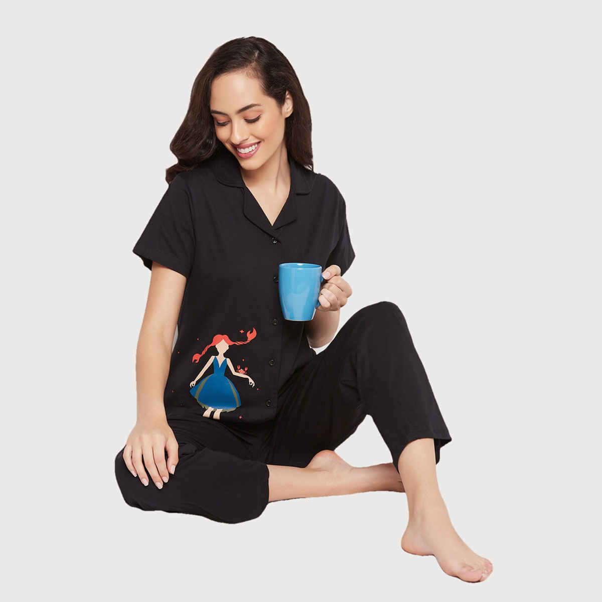 Clovia Cancer Print Button Down Shirt & Pyjama Set - 100% Cotton(Black - Xxl)