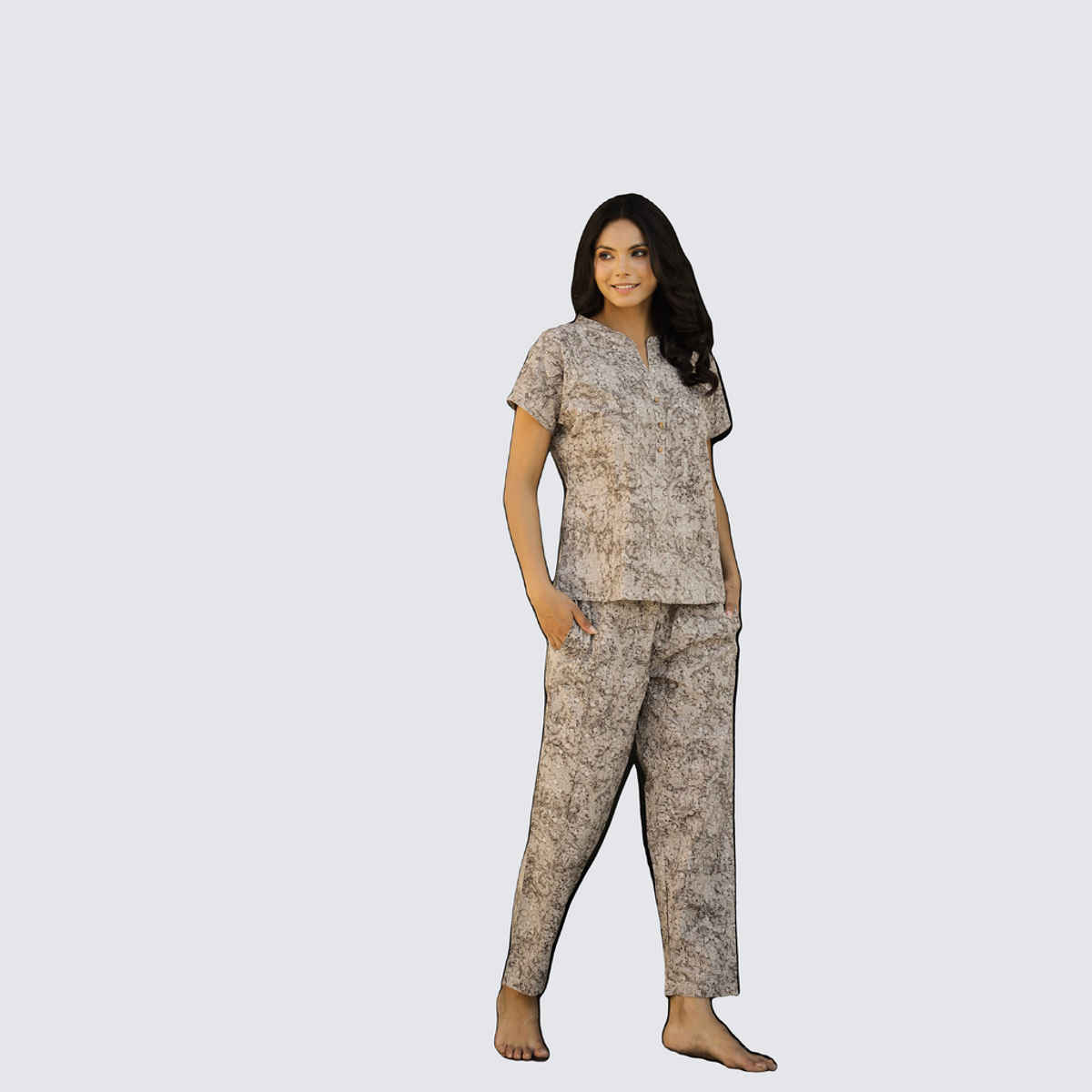 Sanskrutihomes Women's Printed Pure Cotton Night Suit | Grey - S