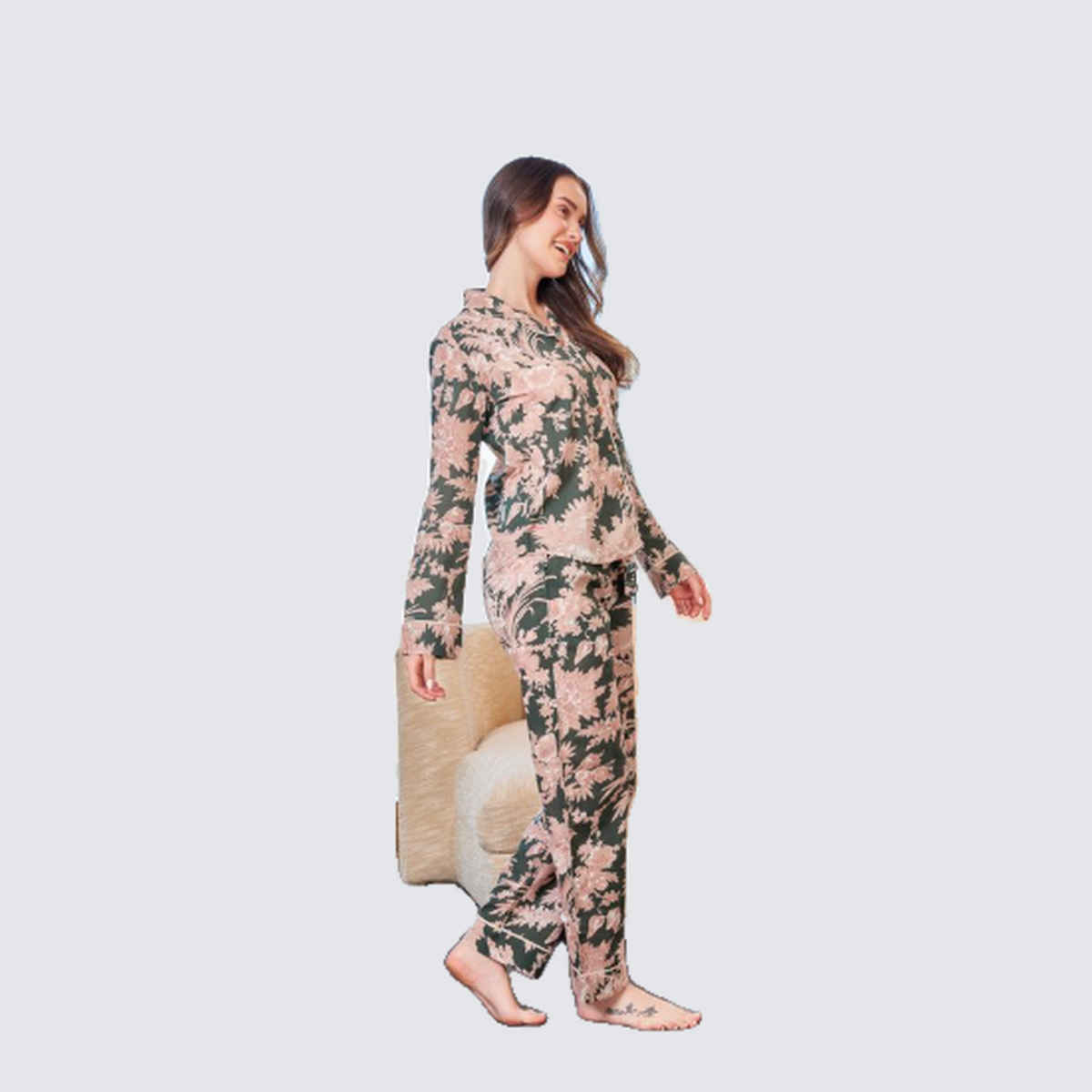 Sanskrutihomes Floral Printed Pure Cotton Night Suit | Olive - L