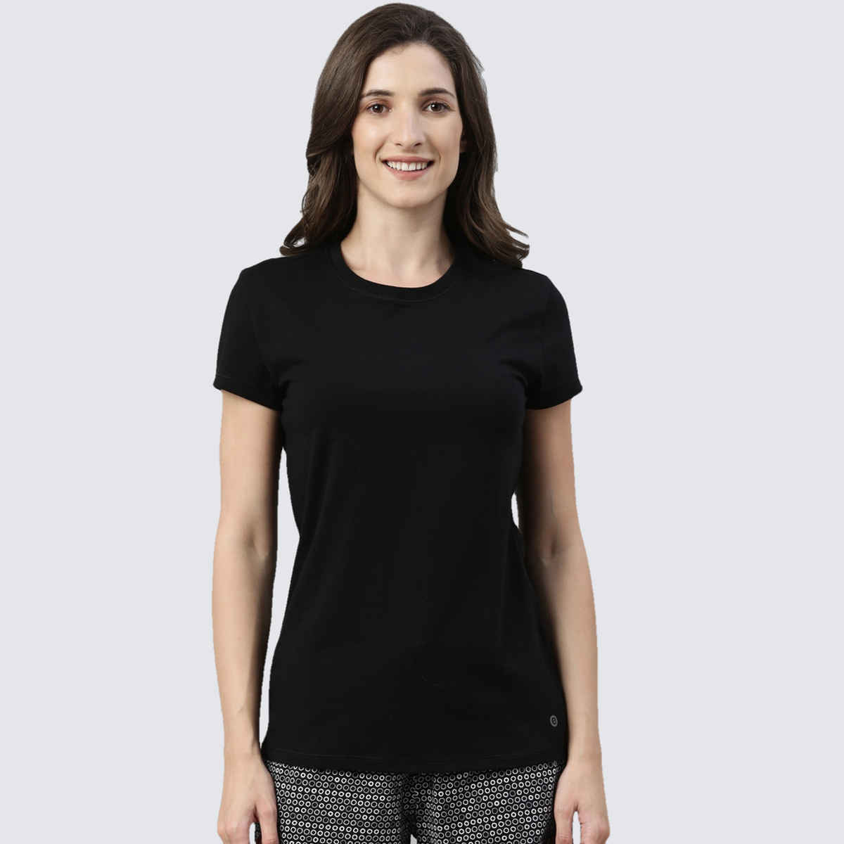 Enamor Women's E047 Basic Crew Neck Stretch Cotton Tee|Short Sleeves | Jet Black-S