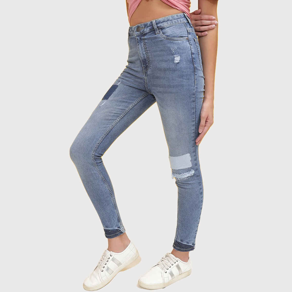 Freehand Women's Slim Fit Jeans With Colour Block Patch | Blue - 28