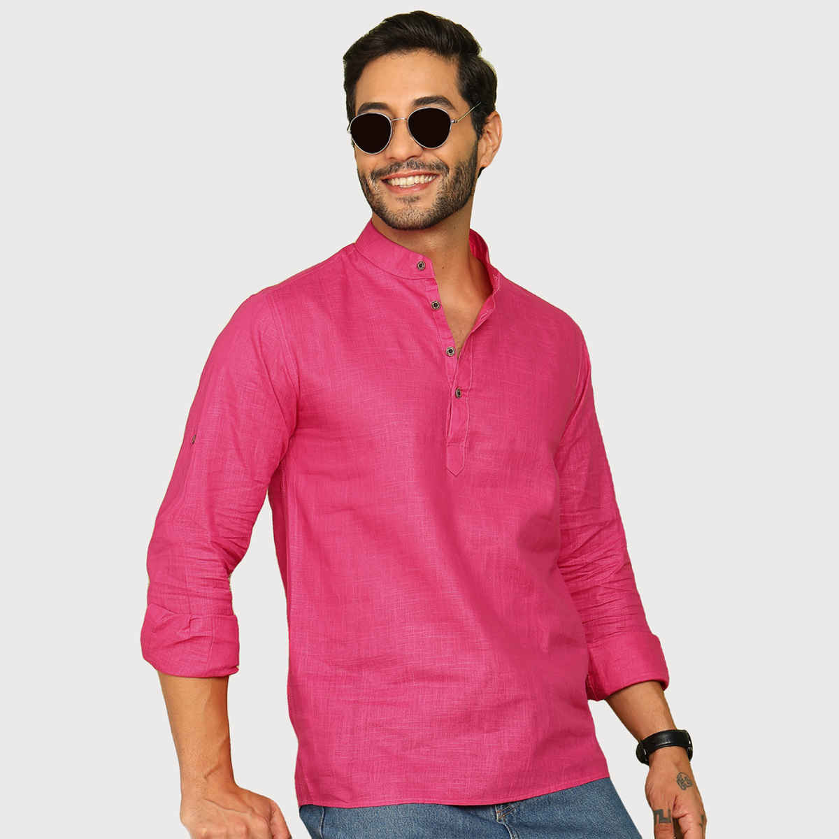 Allan Peter Men's Solid Short Kurta | Pink - L
