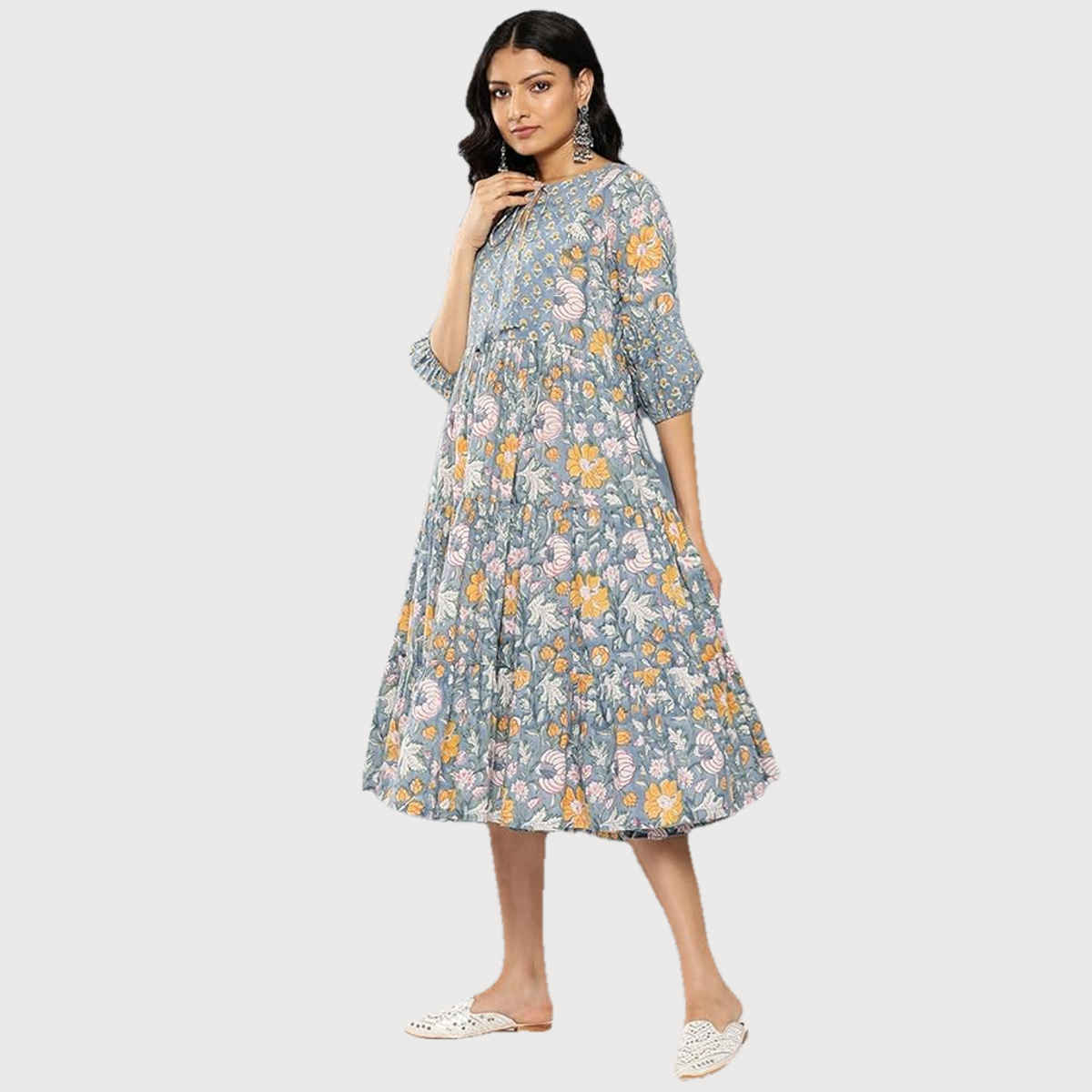 Libas Women Blue Cotton Floral Fit And Flare Midi Dress - 26335S