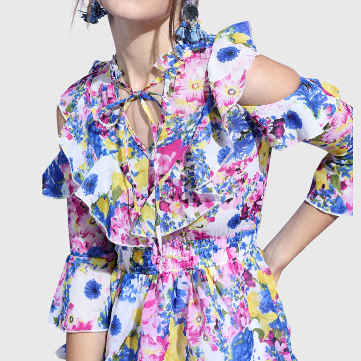 Tokyo Talkies Women's Floral Tiered Ruffled Dress | Pink And Blue - M