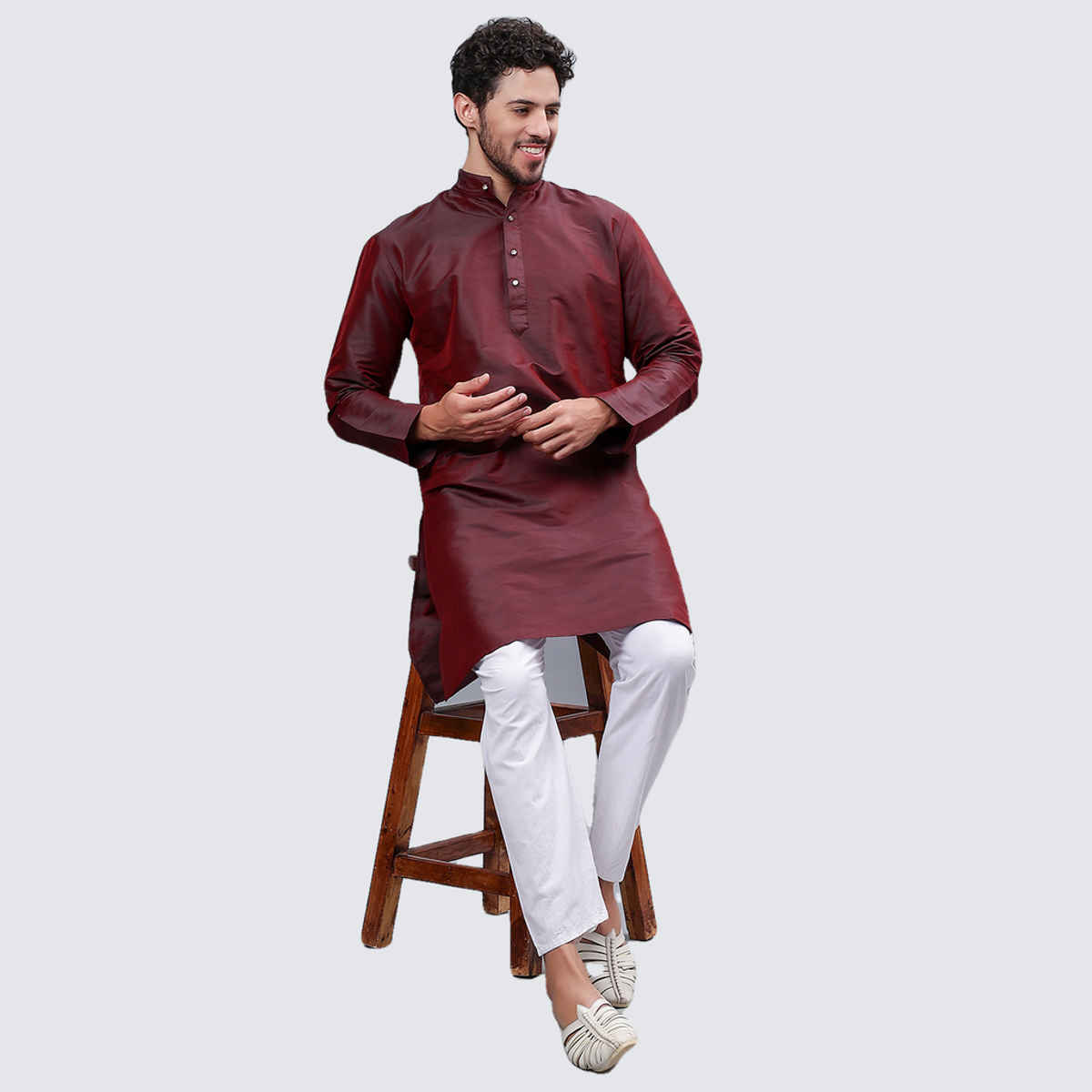 Mad Over Print Men's Silk Blended Kurta | Maroon - L