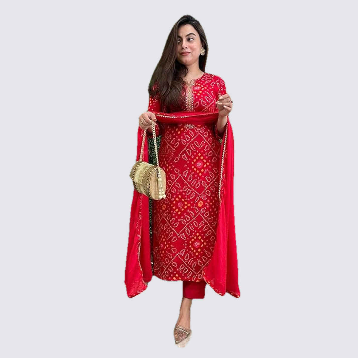 GoSriKi Women's Rayon Blend Straight Printed Kurta with Pant & Dupatta | TURAE | Red - XL