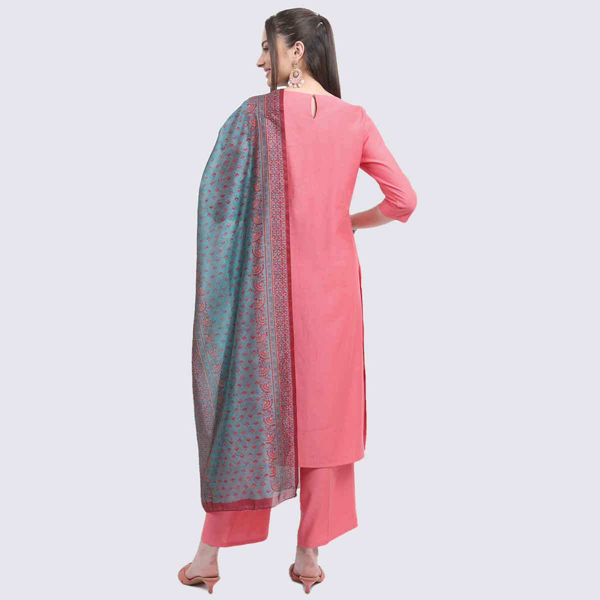 KETCH Women's Ethnic Motifs Printed Round Neck Kurta & Palazzos with Dupatta | Coral - L