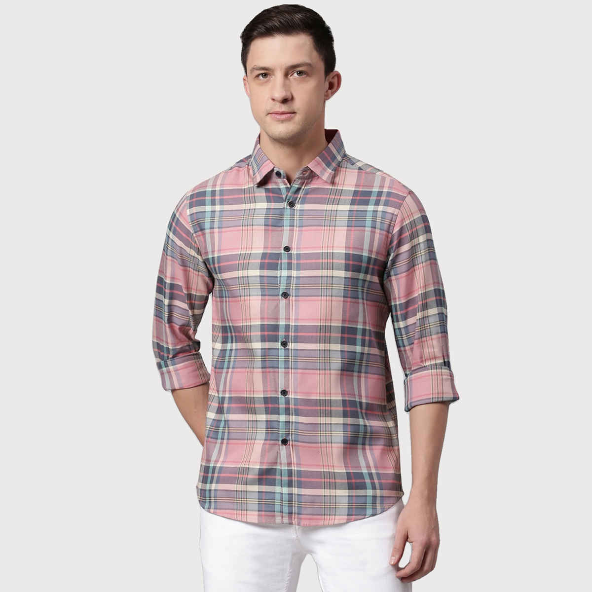 Dennis Lingo Men's Slim Fit Polycotton Casual Shirt | Pink Green | L