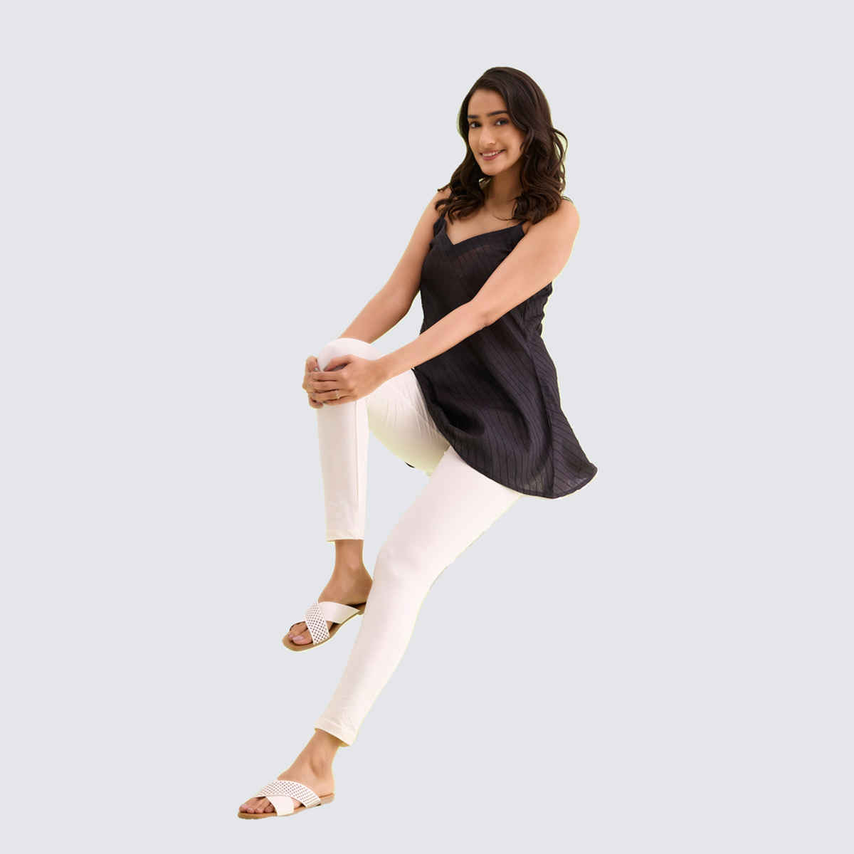 Go Colors Women's Solid Mid Rise Ankle Length Leggings | Cream - XL