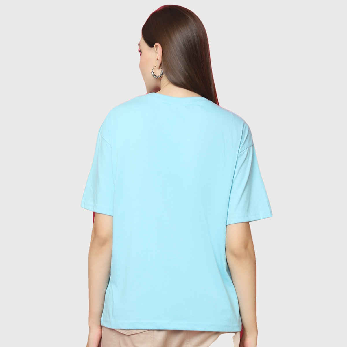 Fabflee Women Oversize Cotton Printed Round Neck Tshirt | Light Blue | FAB-OS-516 | S