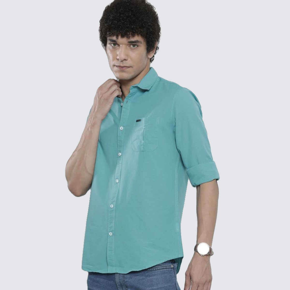 The Indian Garage Co Men's Regular Fit Solid Casual | Light Blue | M