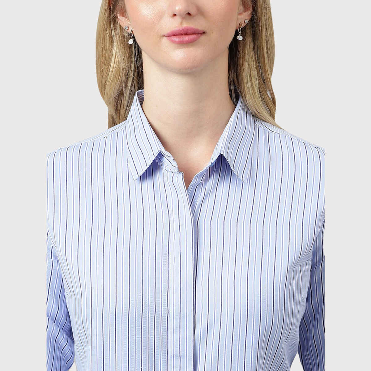 English Navy Women's Striped Regular Fit Cotton Blend Formal Shirt | Blue & White - M